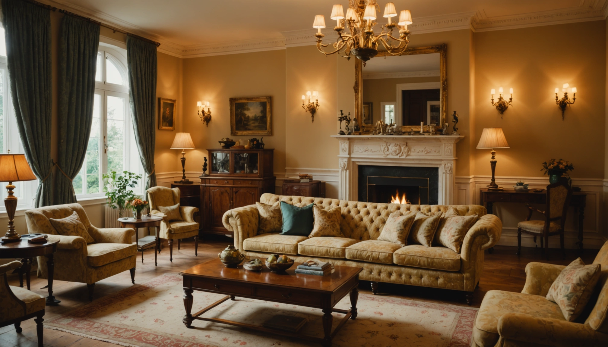 Wide angle view of a beautifully lit vintage living room with elegant furnishings