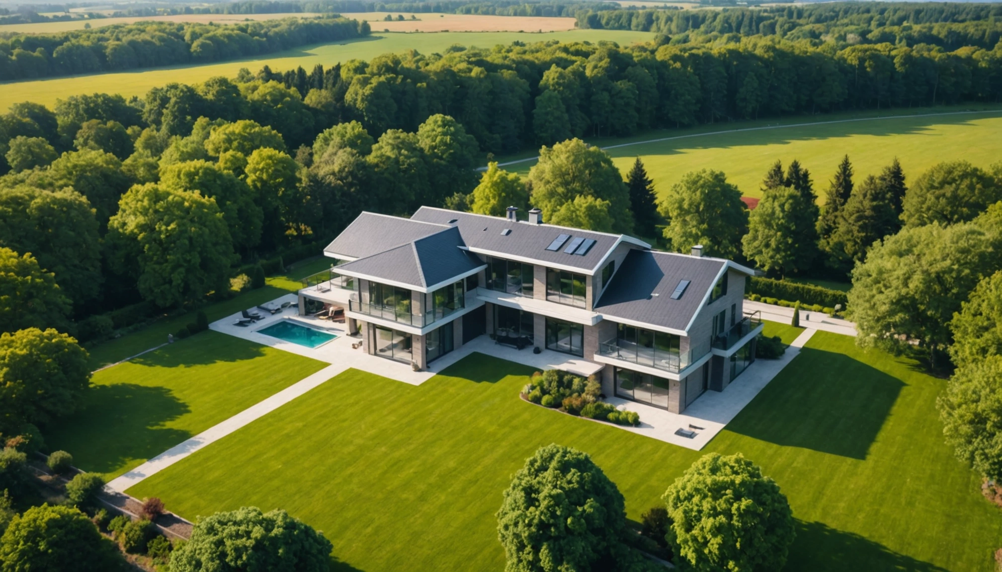 High angle view of stunning landscape surrounding a modern house