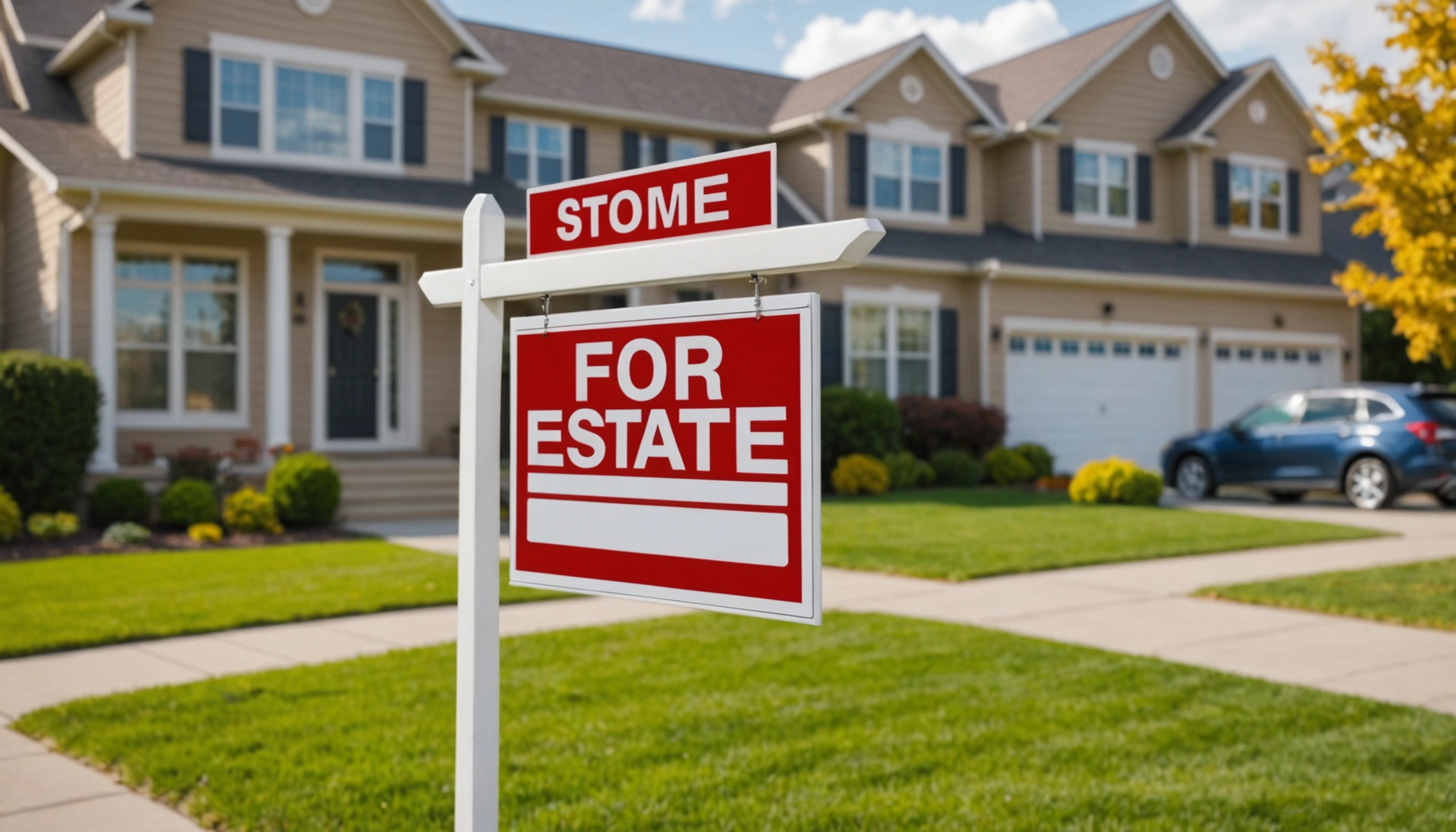 Close-up view of a real estate sign in front of a suburban home