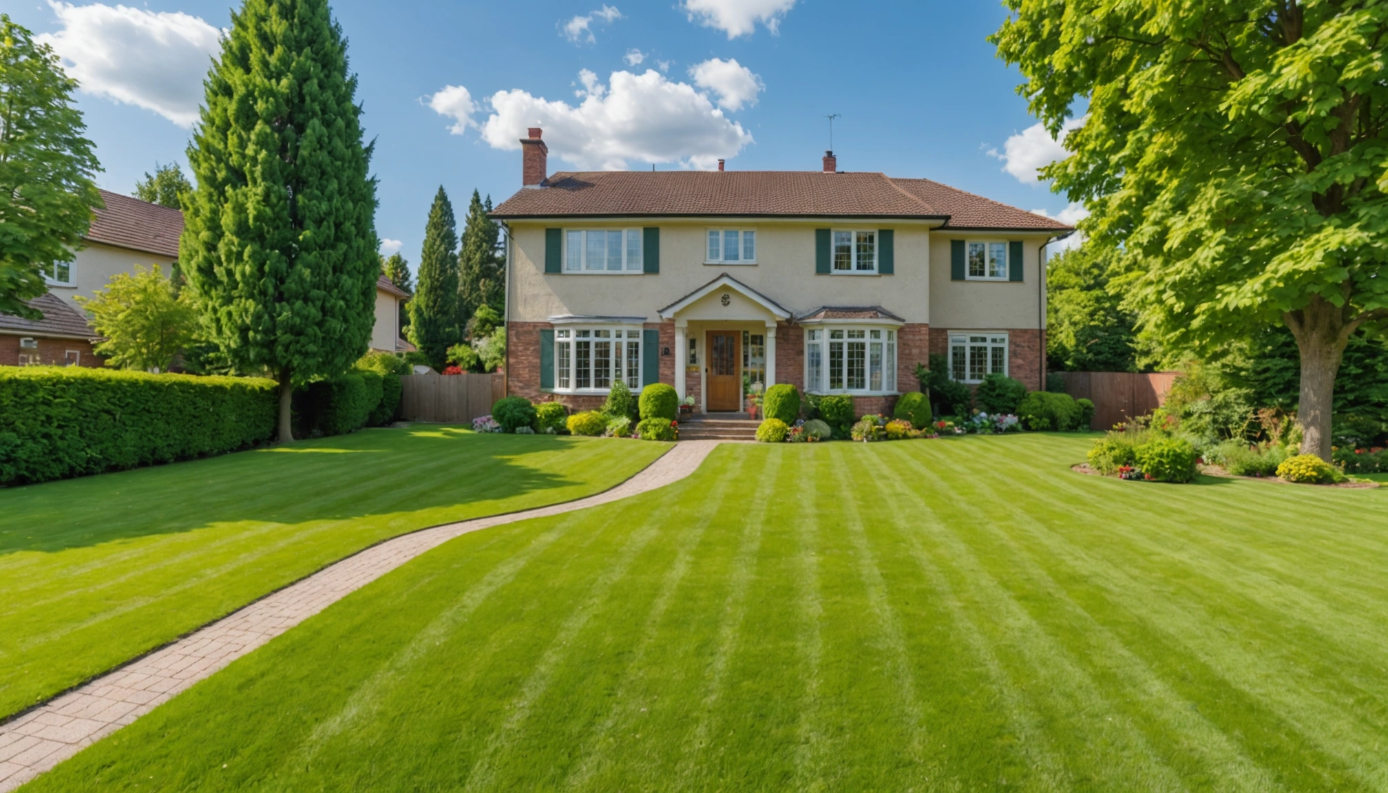 Wide angle view of residential property with a well-manicured lawn