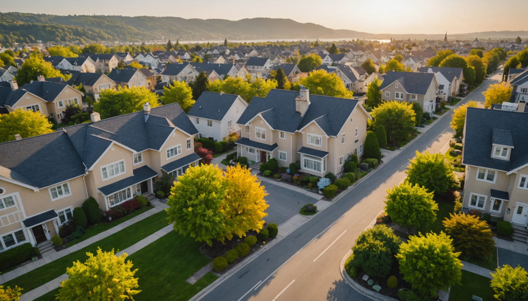 Wide angle view of a serene residential neighborhood