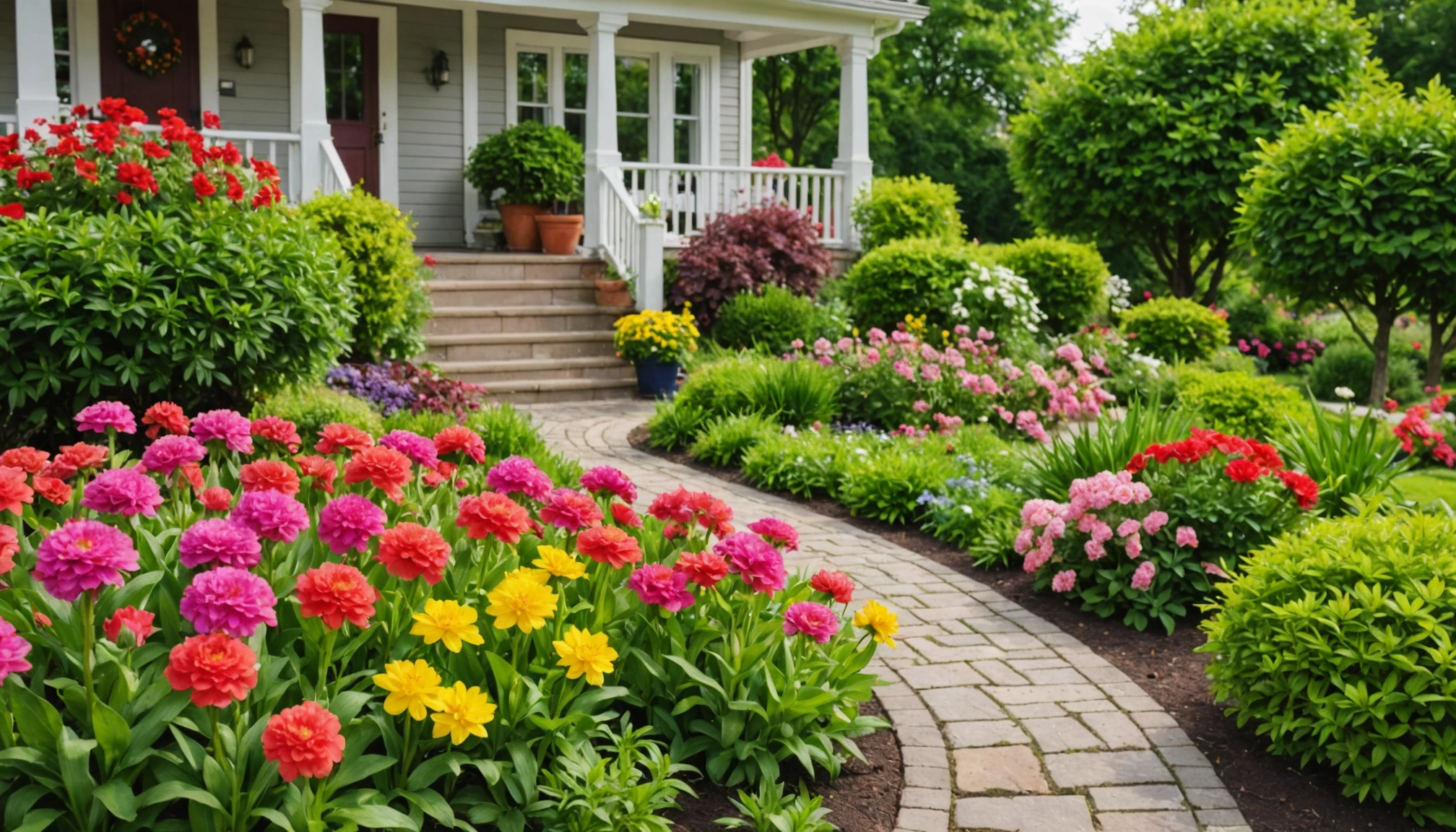 Eye-level view of an attractive front yard with colorful flowers and greenery