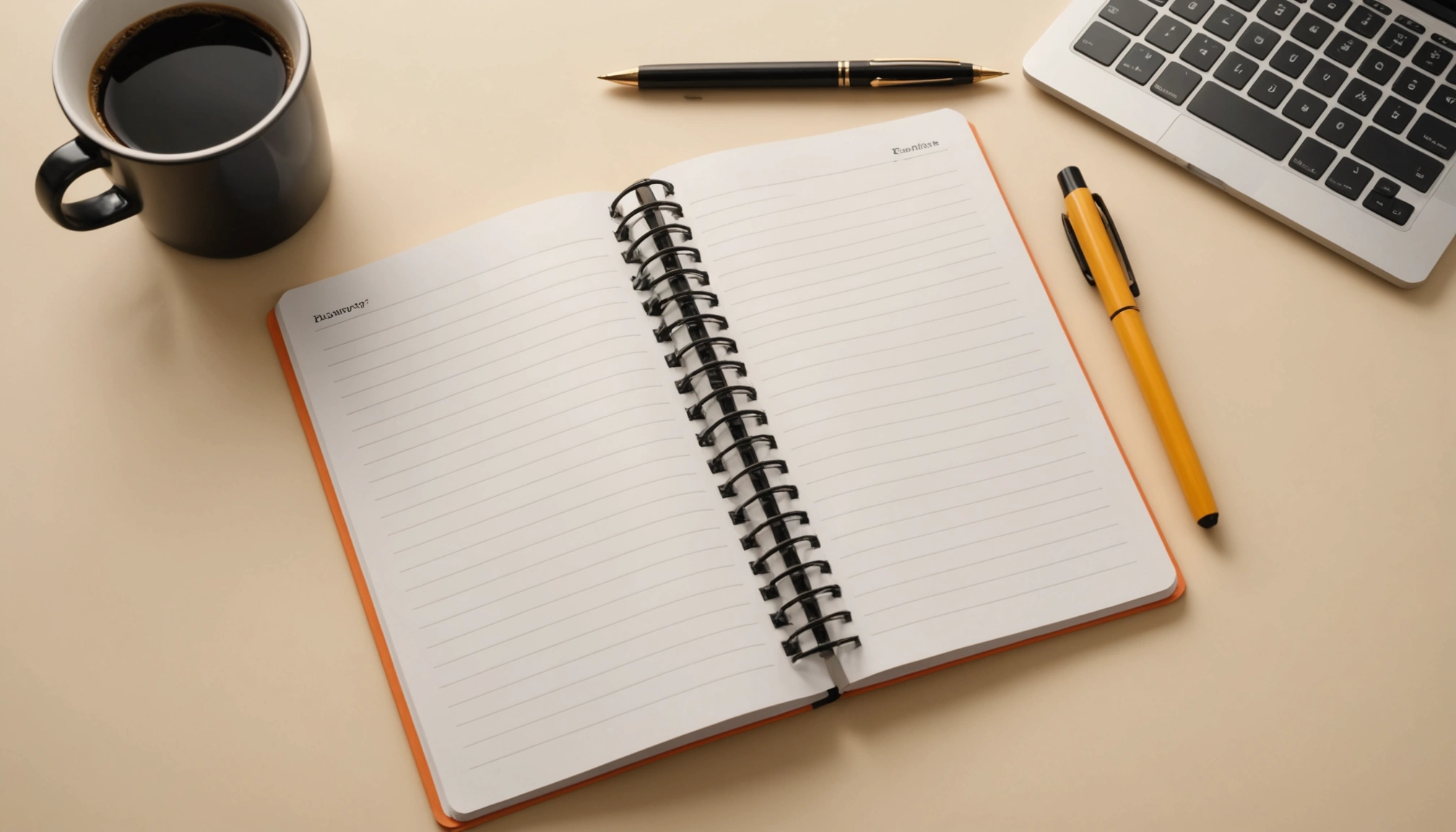 High angle view of a spiral notebook and pen arranged for planning