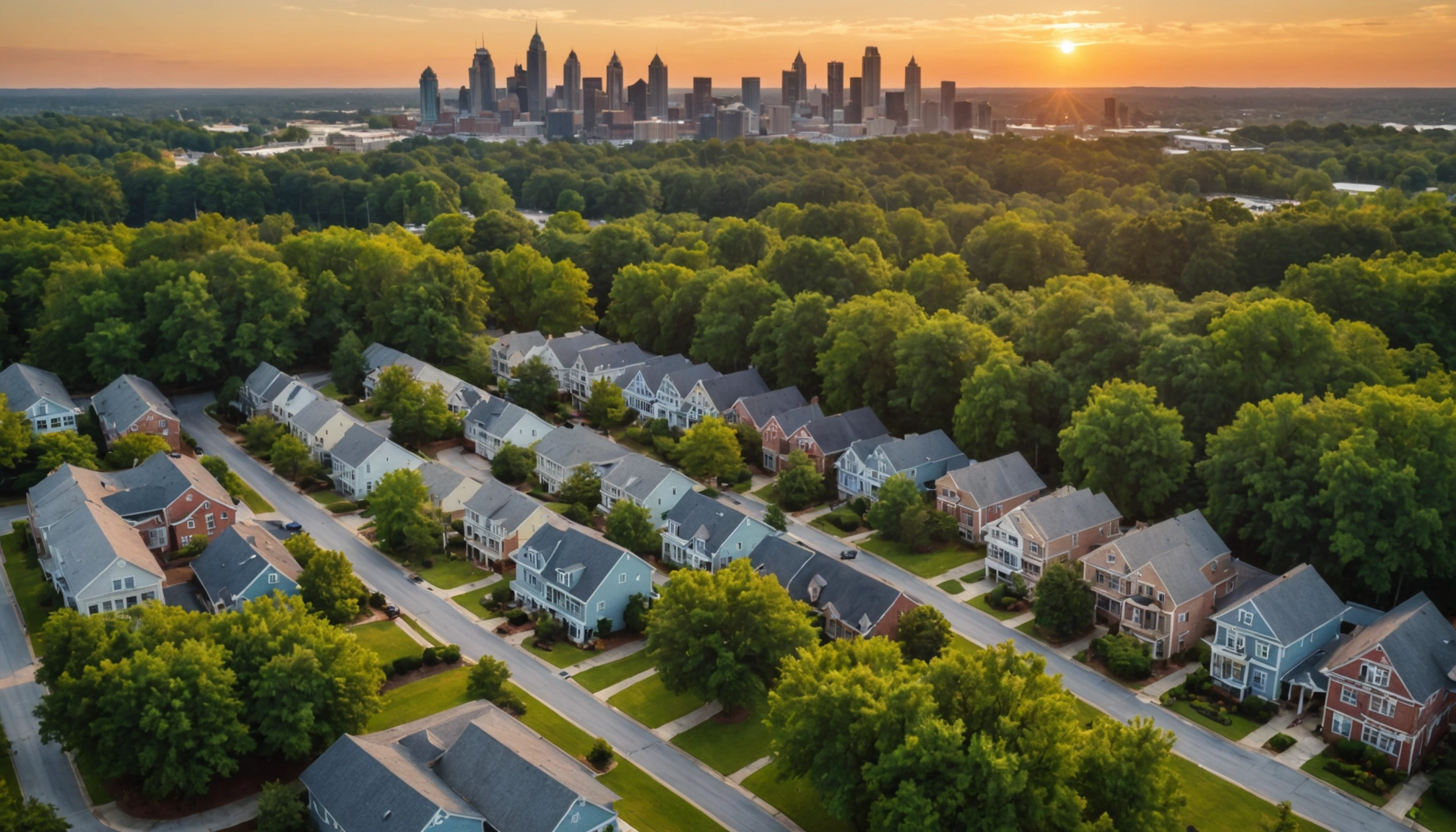 View of a serene Atlanta neighborhood during sunset