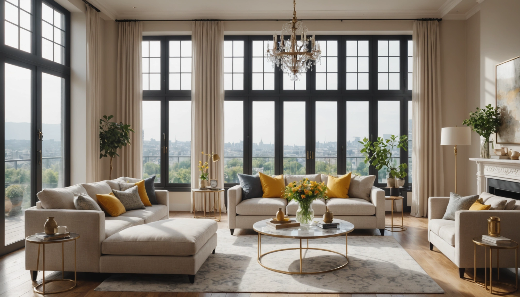 Eye-level view of a bright living room with large windows and elegant decor