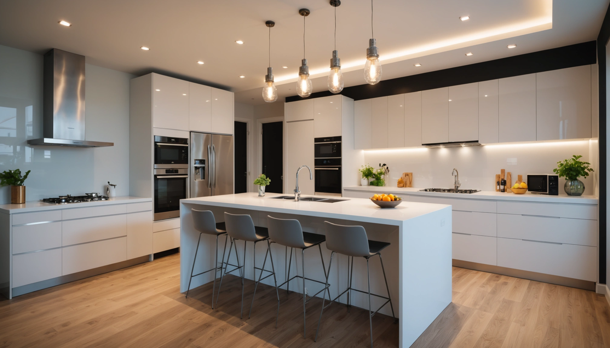 Wide angle view of a modern kitchen with sleek appliances and bright lighting