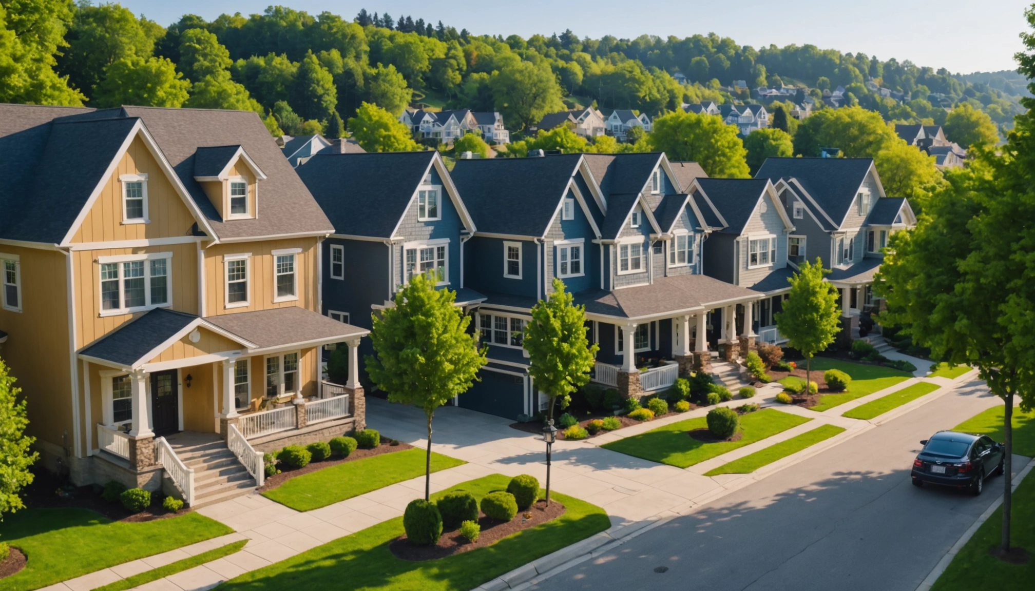 Wide angle view of a picturesque neighborhood with spacious homes