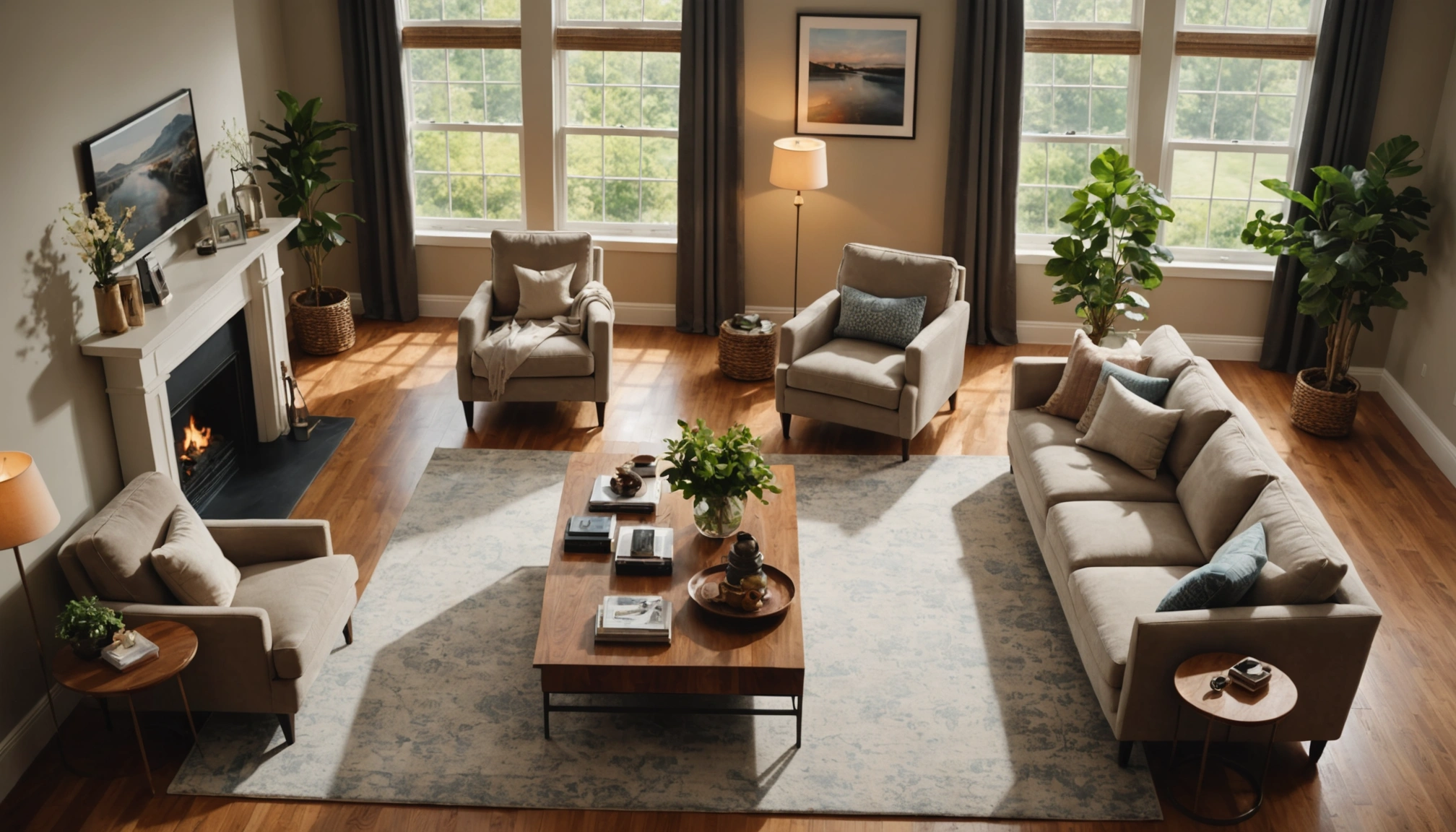 High-angle view of a beautifully staged living room