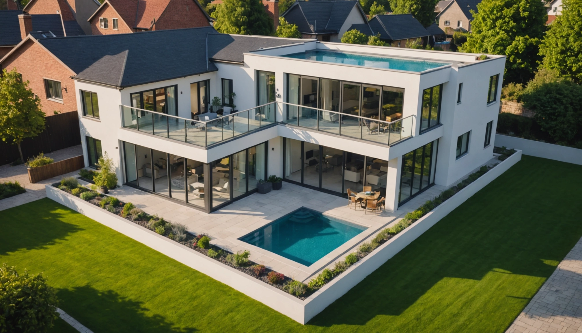 High angle view of a modern home with large windows