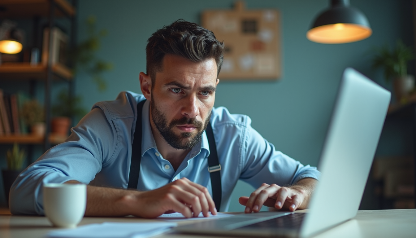 Eye-level view of a real estate agent looking confused at a laptop screen filled with scattered marketing ideas
