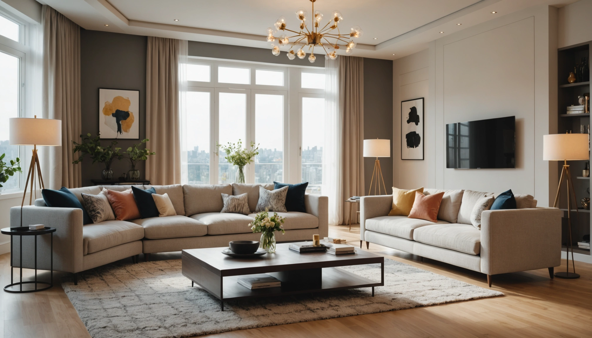 Wide angle view of a modern living room with plush furniture