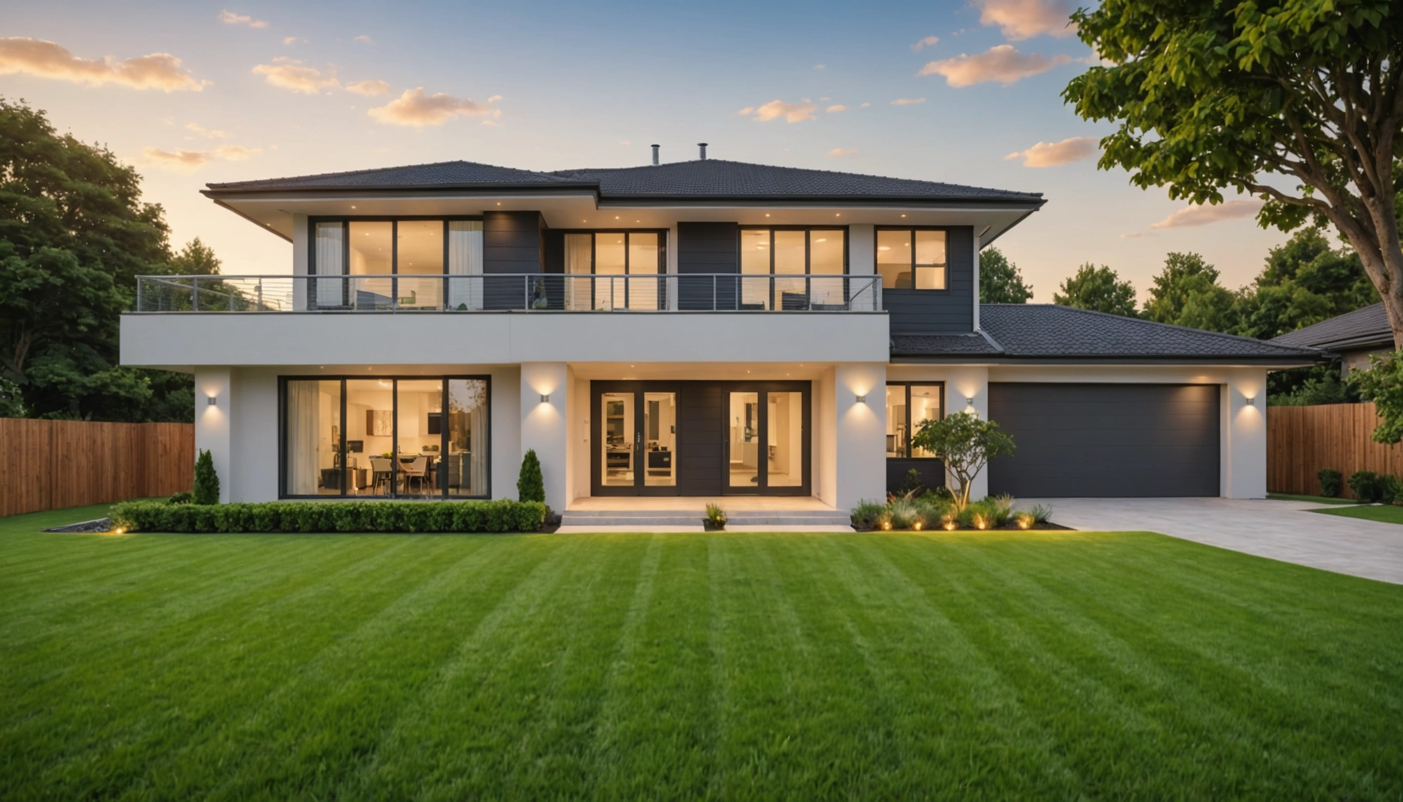 Eye-level view of a modern home with a well-manicured lawn