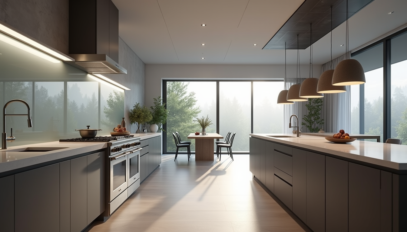 Wide angle view of a sleek kitchen with modern appliances