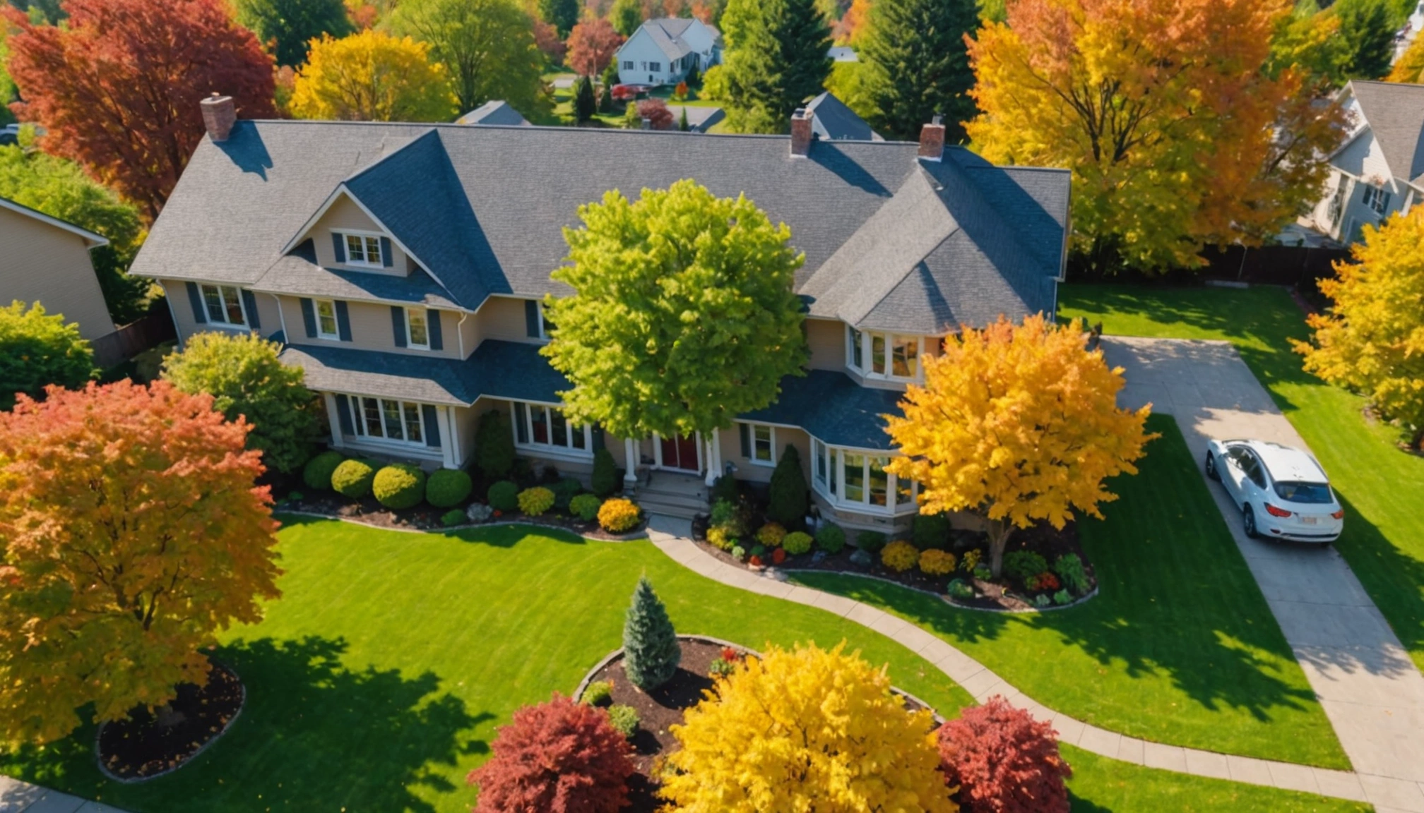 High angle view of a contemporary family home with colorful leaves in the yard