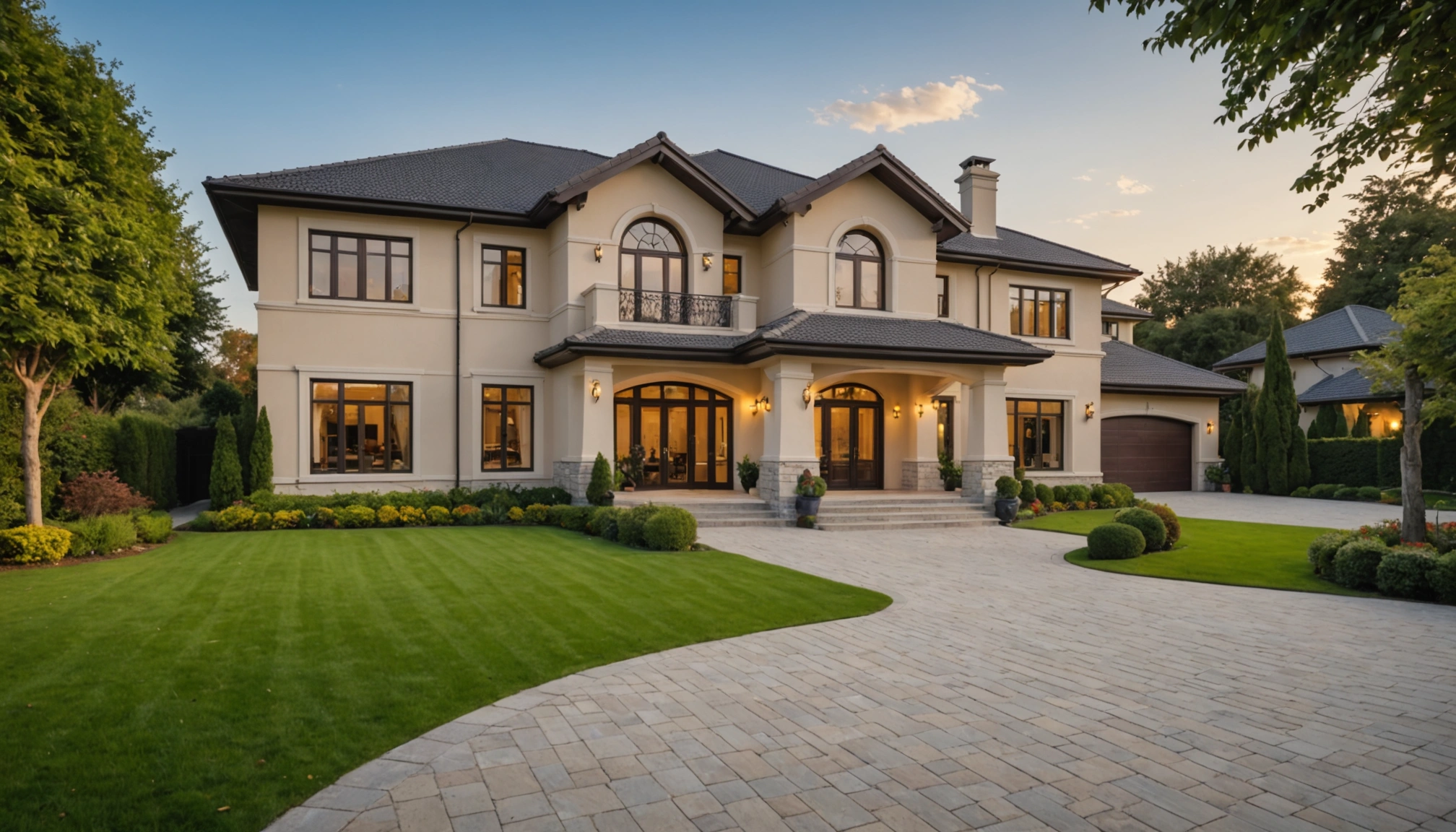 Wide-angle view of an elegant exterior landscape of a luxury home