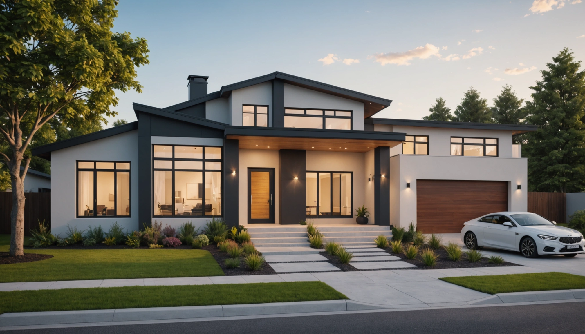 Exterior view of a modern home with a front yard