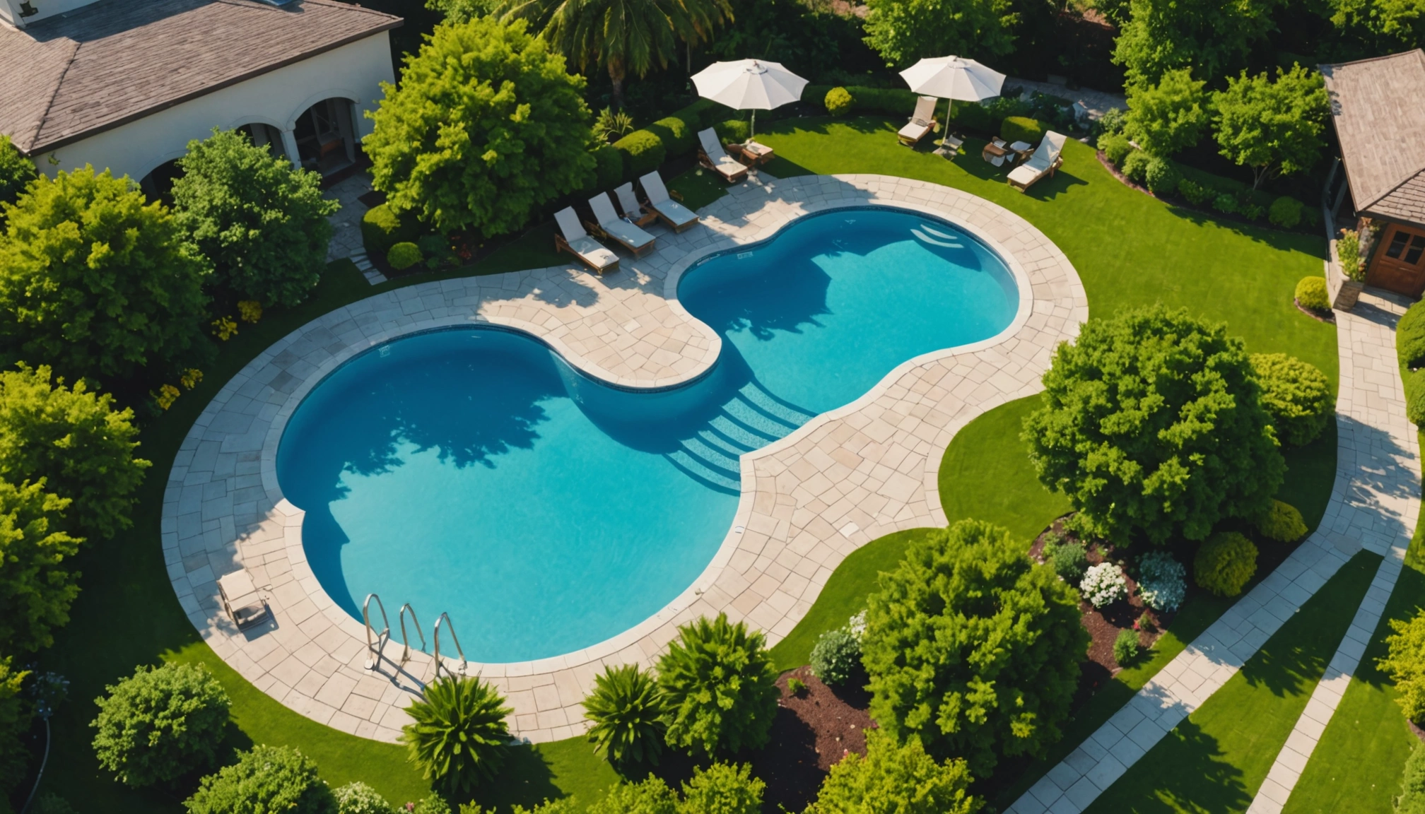 High angle view of an outdoor pool area surrounded by luxurious landscaping