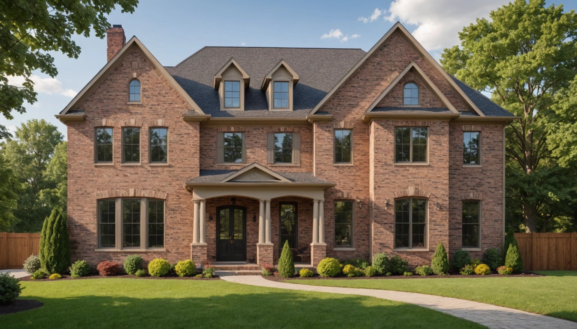 Eye-level view of a classic brick exterior home enhanced by unique photo editing