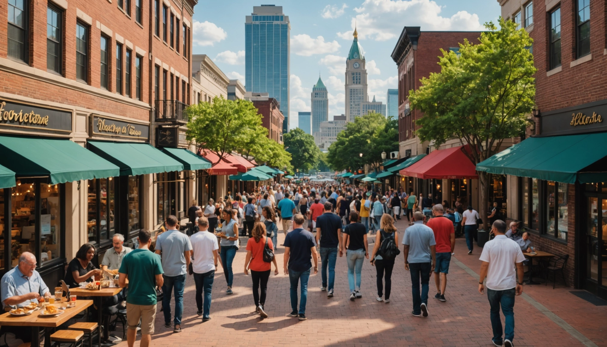 Eye-level view of a bustling Atlanta street filled with local eateries