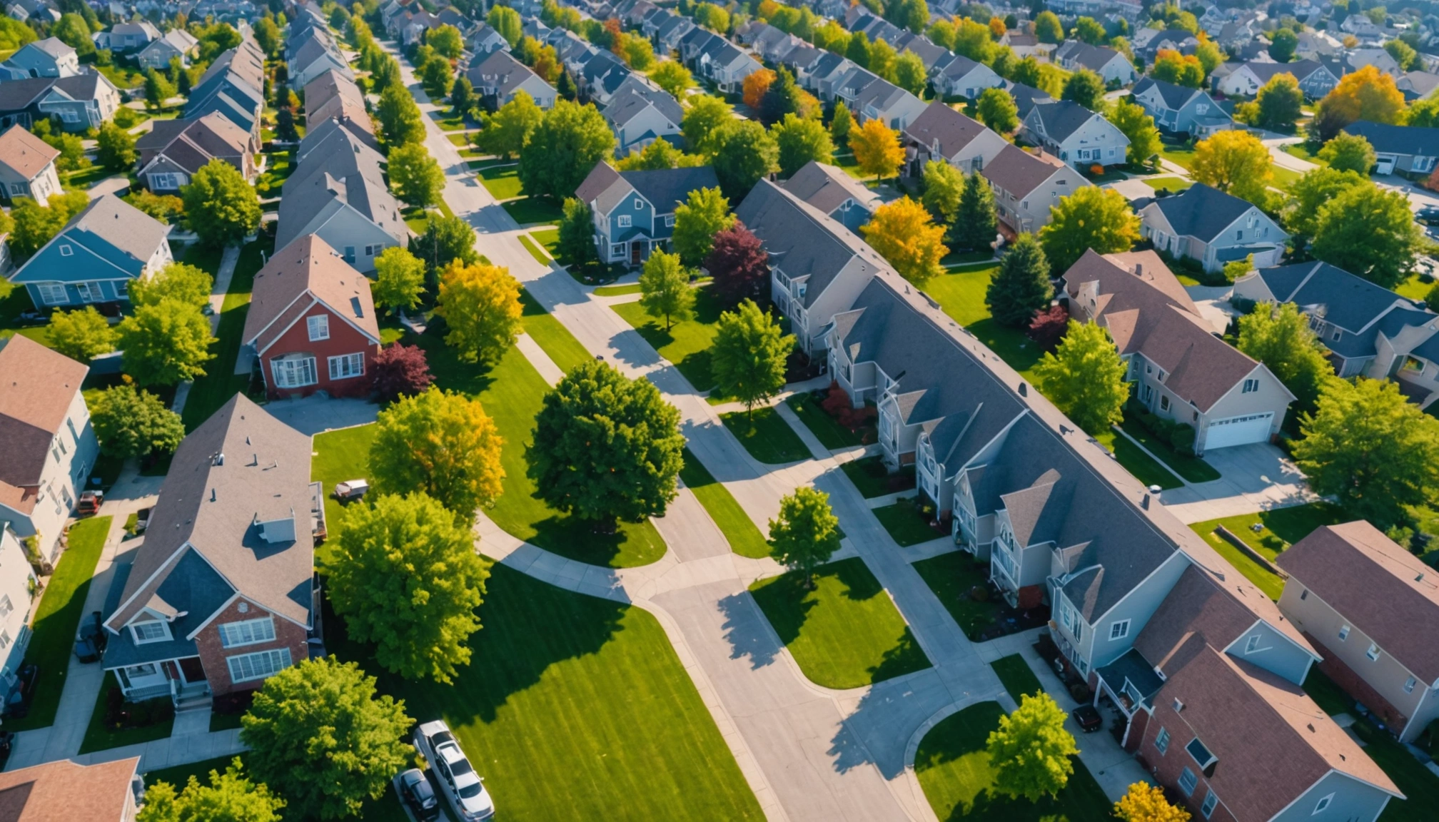 Wide angle view of a suburban neighborhood from above