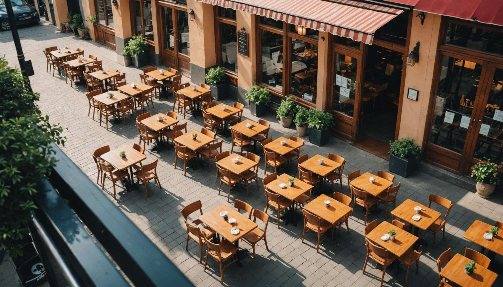 High angle view of a vibrant cafe with outdoor seating