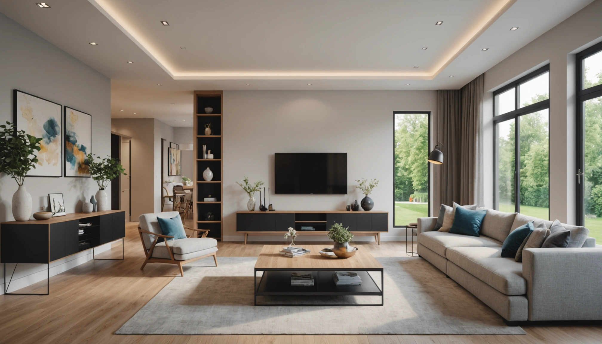 Wide angle view of a modern living room with virtual staging