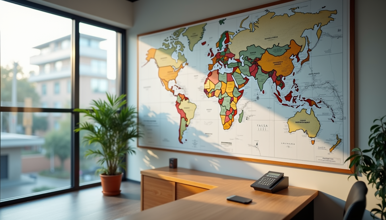 Eye-level view of a modern real estate office with local maps on the wall
