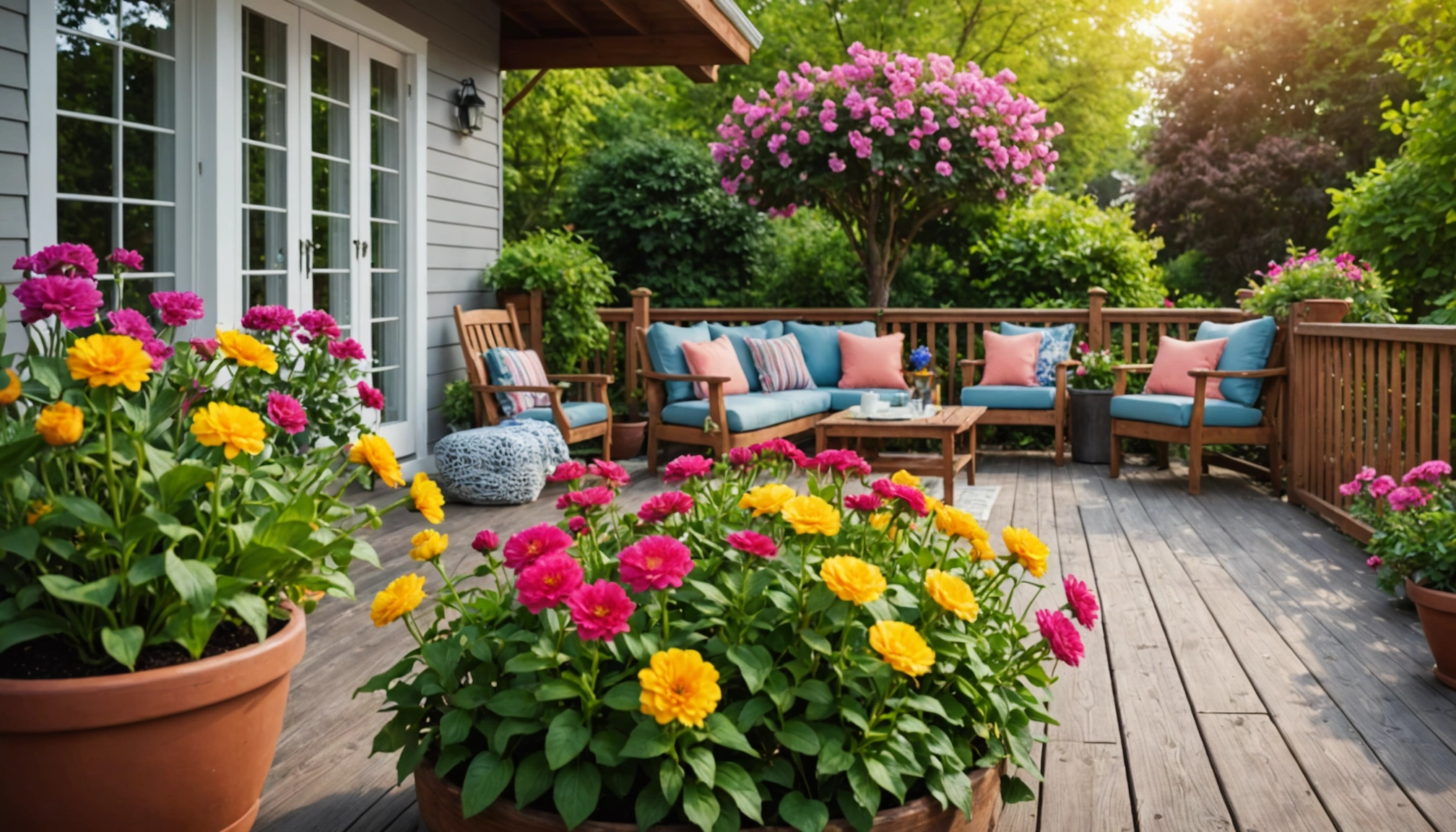 Eye-level view of a charming backyard deck surrounded by colorful flowers