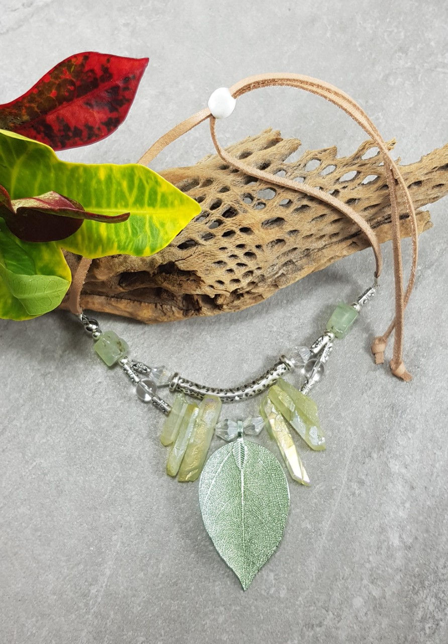 Thumbnail: Green Leaf & Crystal Necklace