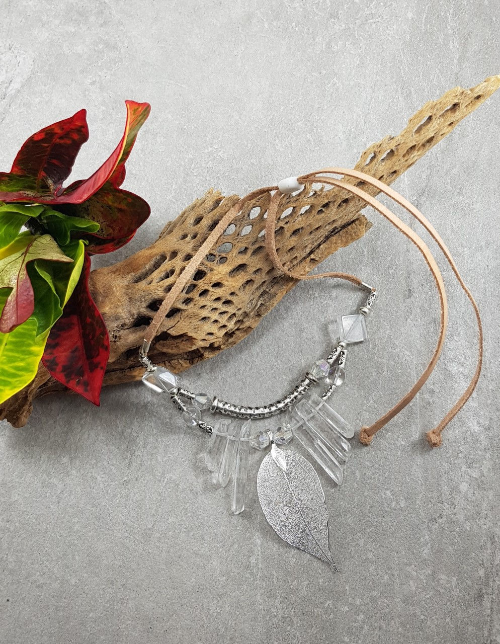Silver Leaf & Crystal Necklace