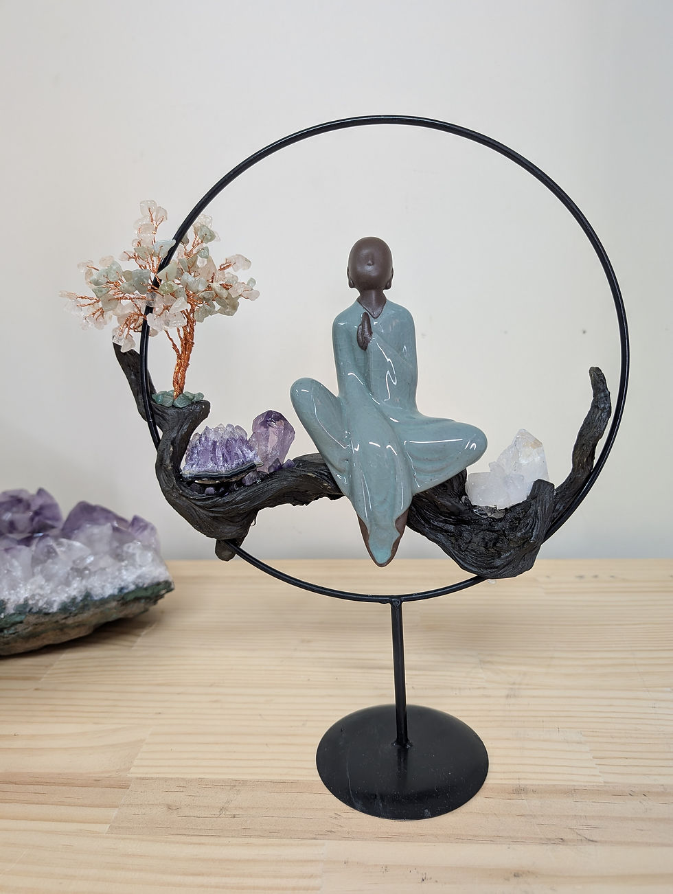Green Zen Statue Display with Jade & Amethyst