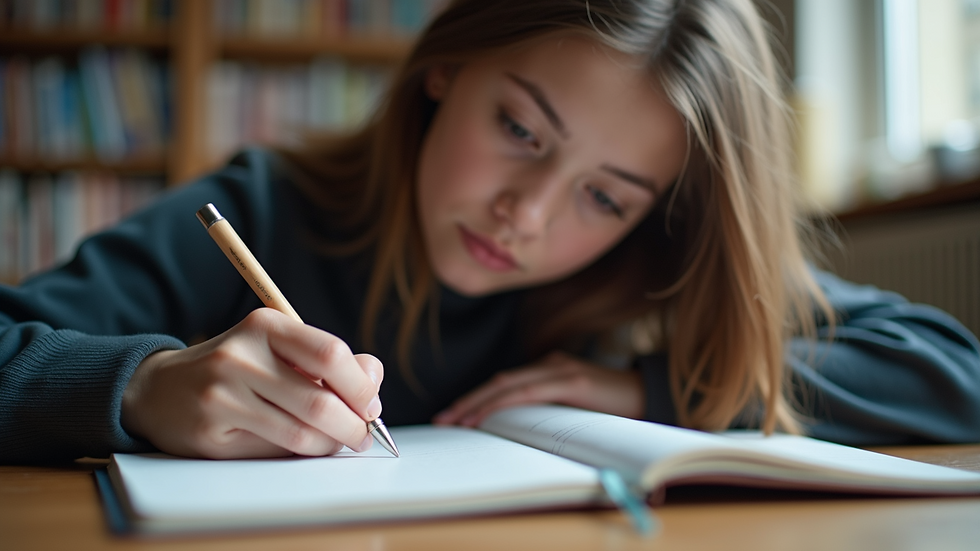 Eye-level view of a student writing in a journal with a thoughtful expression
