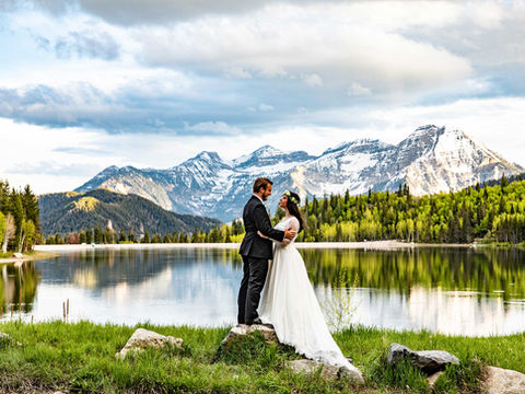 Bride and Groom at Silver Lake Flats in front of lake