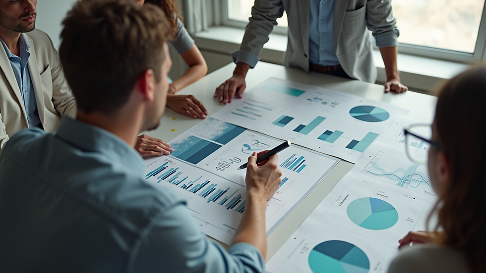 High angle view of a diverse team collaborating over a project board