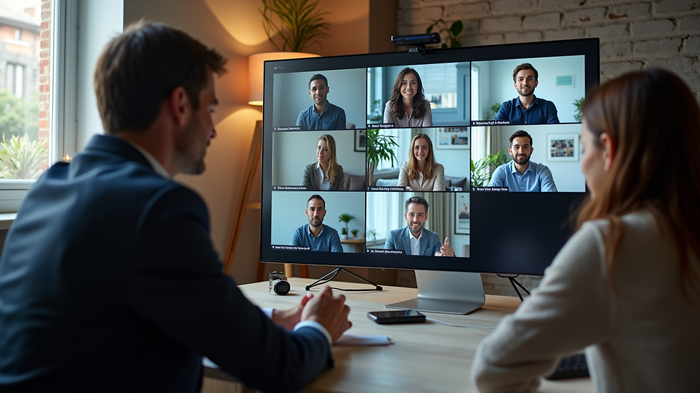 High angle view of a virtual meeting with participants sharing ideas on screen