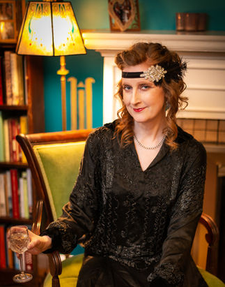 woman in betty page inspired home in flapper style clothing