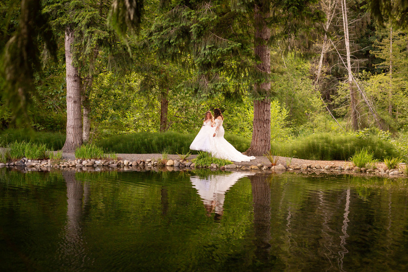 two brides walk away after their wedding