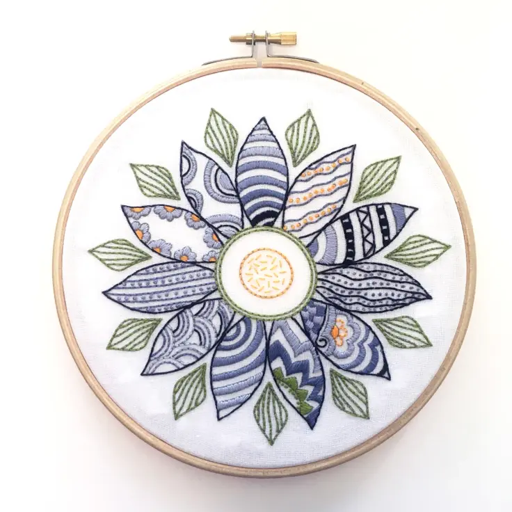 Embroidered Flower in blues and greens, each petal with a different pattern