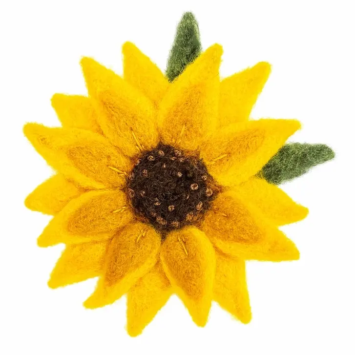 Bright yellow needle felted sunflower with brown centre and beads.