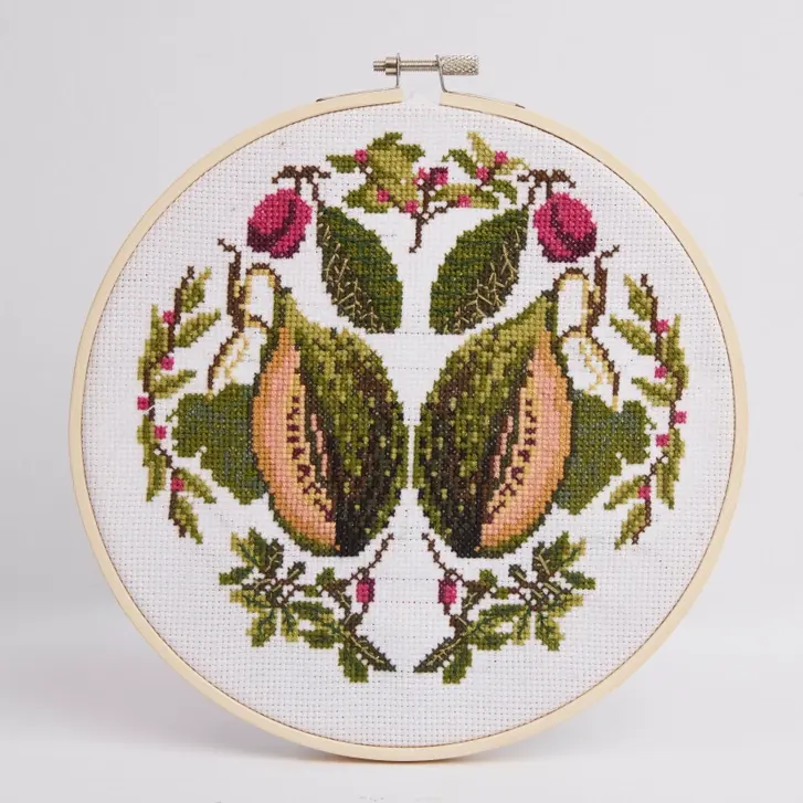 Front view of cross stitched melons and foliage