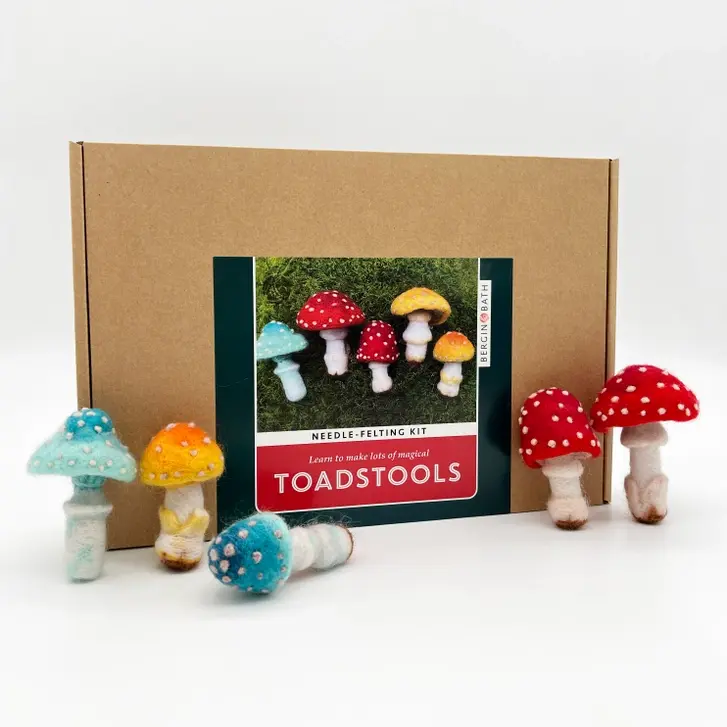 Front of brown box with label surrounded by needle felted toadstools