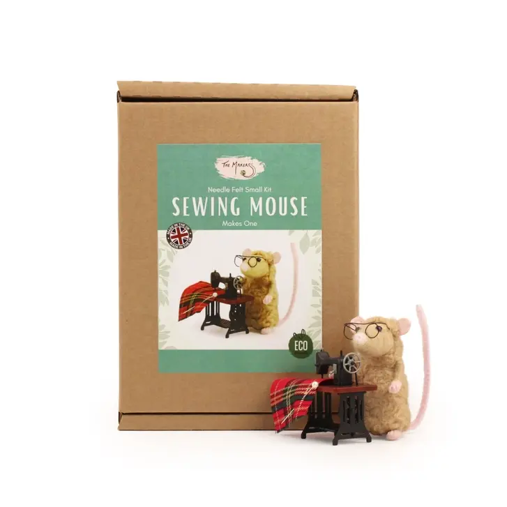 Boxed kit with the finished little mouse sewing beside it.