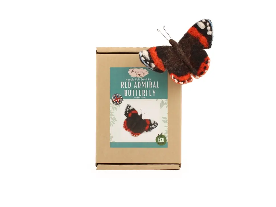 Front view of boxed kit and a finished Needle felted red admiral sitting in the top right hand corner of the box.