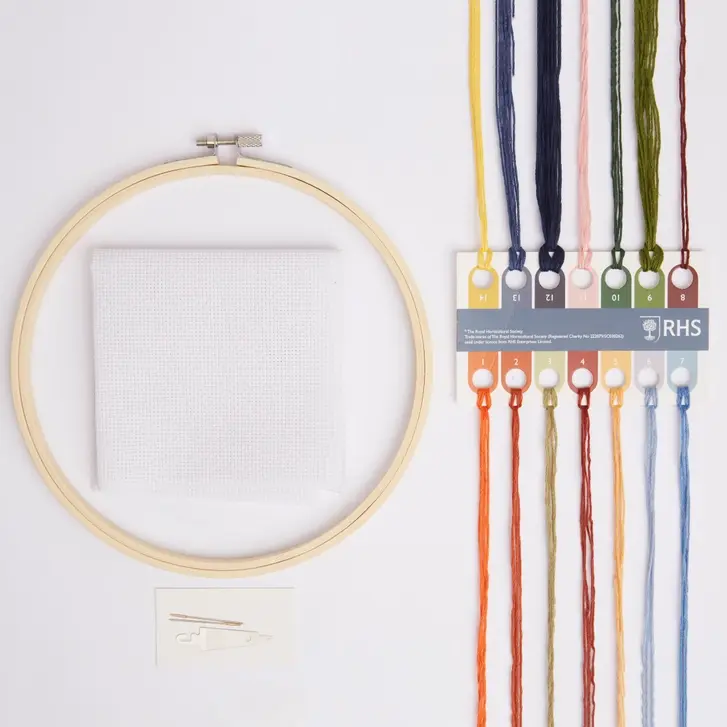 View of the material, hoop, coloured threads from above.