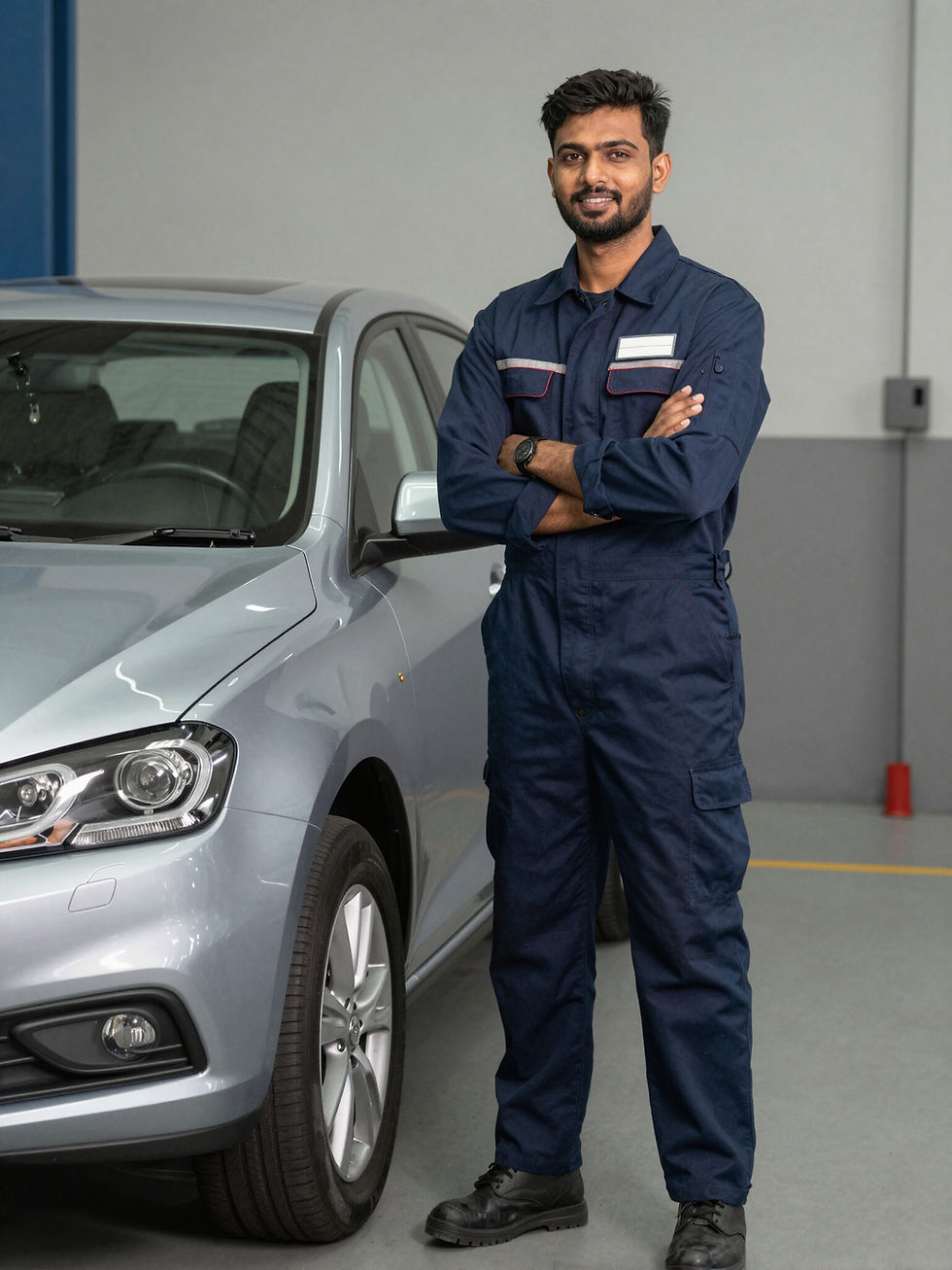 Professional mobile mechanic working on a vehicle at a workspace