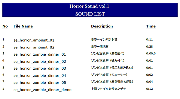 Horror sound vol.1 ホラー効果音素材集サウンドリスト