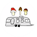 Illustrated Mobile Mushrooms logo with Airstream camper and various mushroom icons