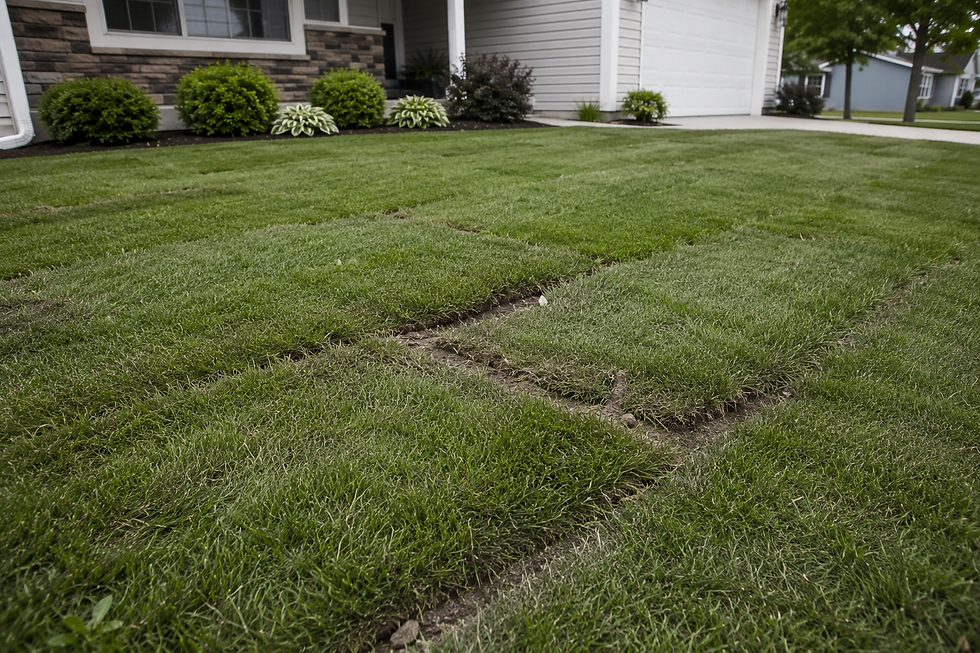 Recently installed sod lawn in Richfield, Minnesota showing visible shrinkage gaps between sod rolls and exposed soil seams during a lawn repair assessment.