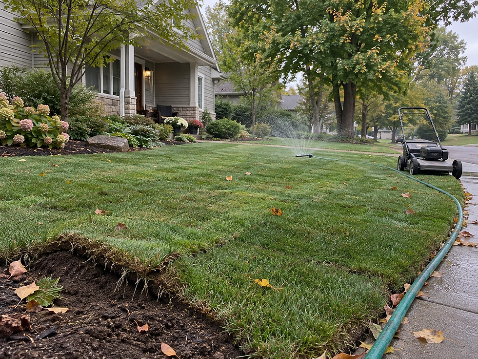 Fall sod establishment in Eau Claire WI, showing newly installed Kentucky bluegrass beginning to root into moist topsoil during mild September weather.