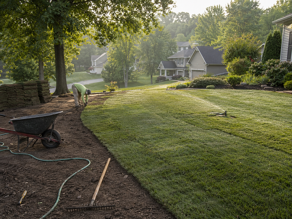 Professional summer sod installation at a residential property in Decorah, Iowa, showing freshly installed Kentucky bluegrass, irrigation in progress, and properly prepared soil for successful warm-weather lawn establishment.